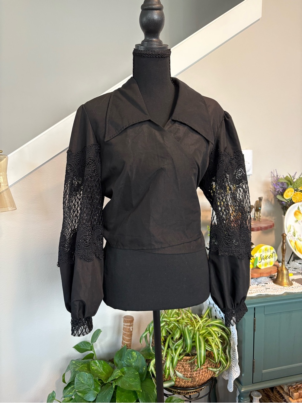 Black Lace-Sleeve Collared Women's Blouse